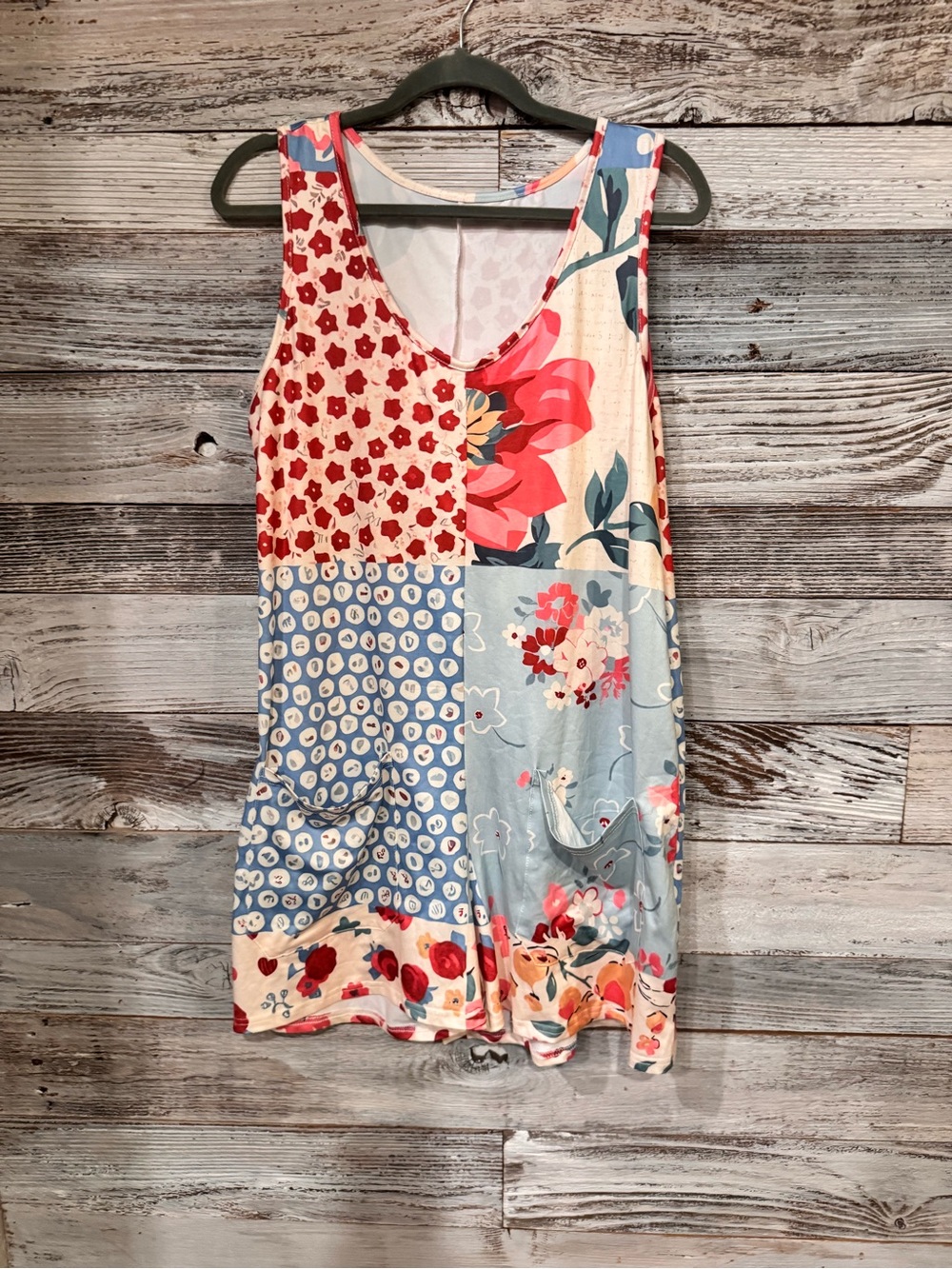 NWOT Patchwork Floral Sleeveless Romper in Cream, Blue & Coral